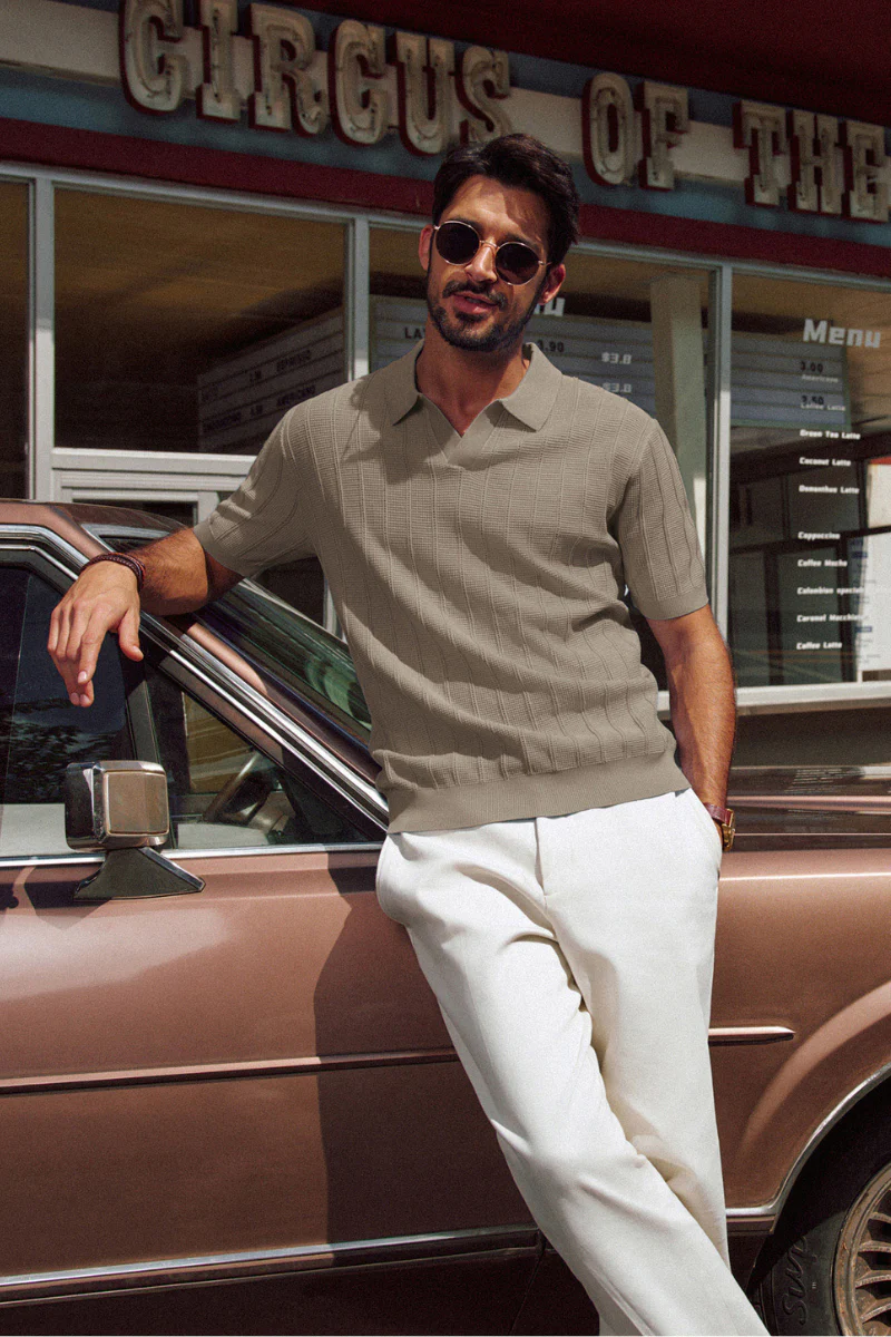 Men Textured Knitted Polo-Shirt Short Sleeve Lapel Collar V-Neck Knitwear - Image 32