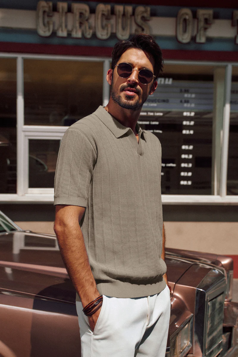 Men Textured Knitted Polo-Shirt Short Sleeve Lapel Collar V-Neck Knitwear - Image 33