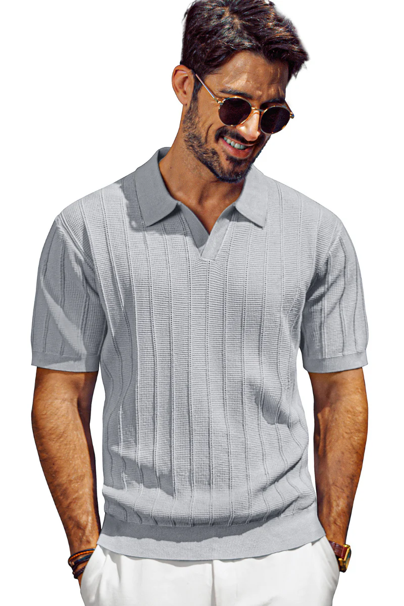 Men Textured Knitted Polo-Shirt Short Sleeve Lapel Collar V-Neck Knitwear - Image 34
