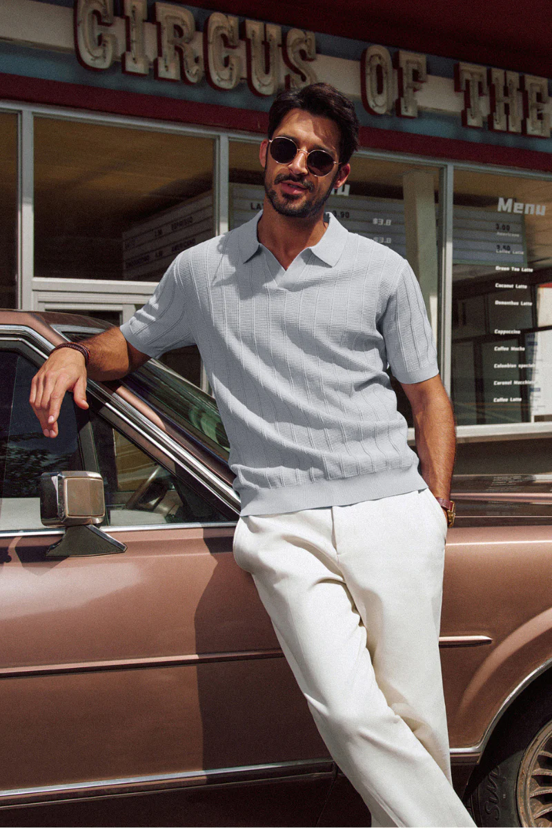 Men Textured Knitted Polo-Shirt Short Sleeve Lapel Collar V-Neck Knitwear - Image 37