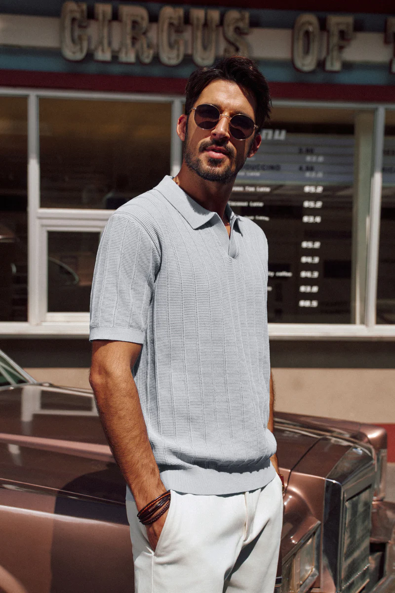 Men Textured Knitted Polo-Shirt Short Sleeve Lapel Collar V-Neck Knitwear - Image 38
