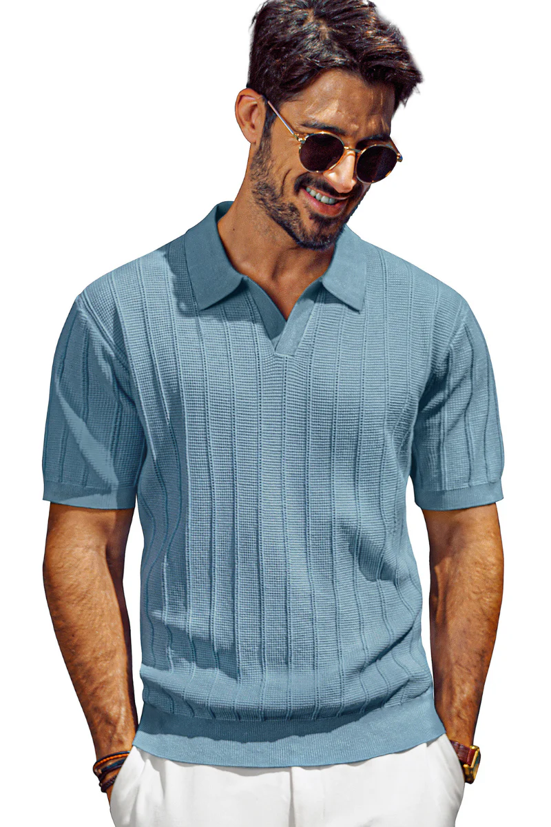Men Textured Knitted Polo-Shirt Short Sleeve Lapel Collar V-Neck Knitwear - Image 39