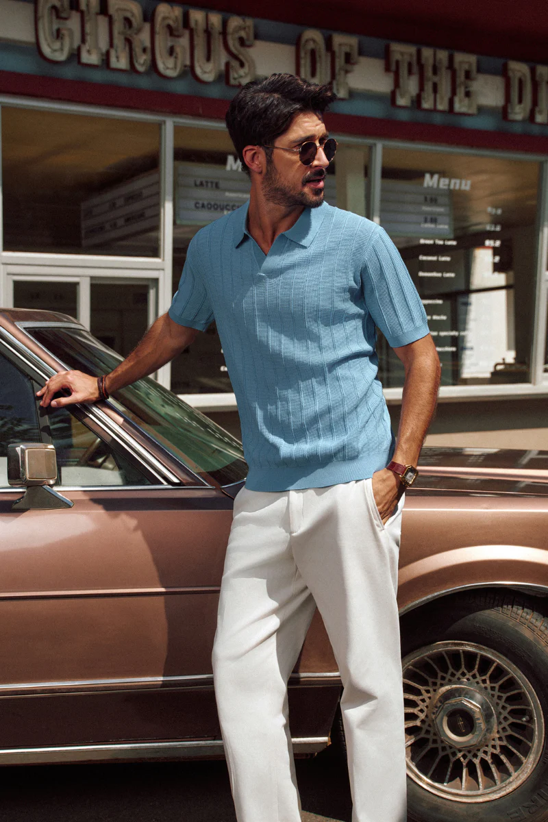 Men Textured Knitted Polo-Shirt Short Sleeve Lapel Collar V-Neck Knitwear - Image 40