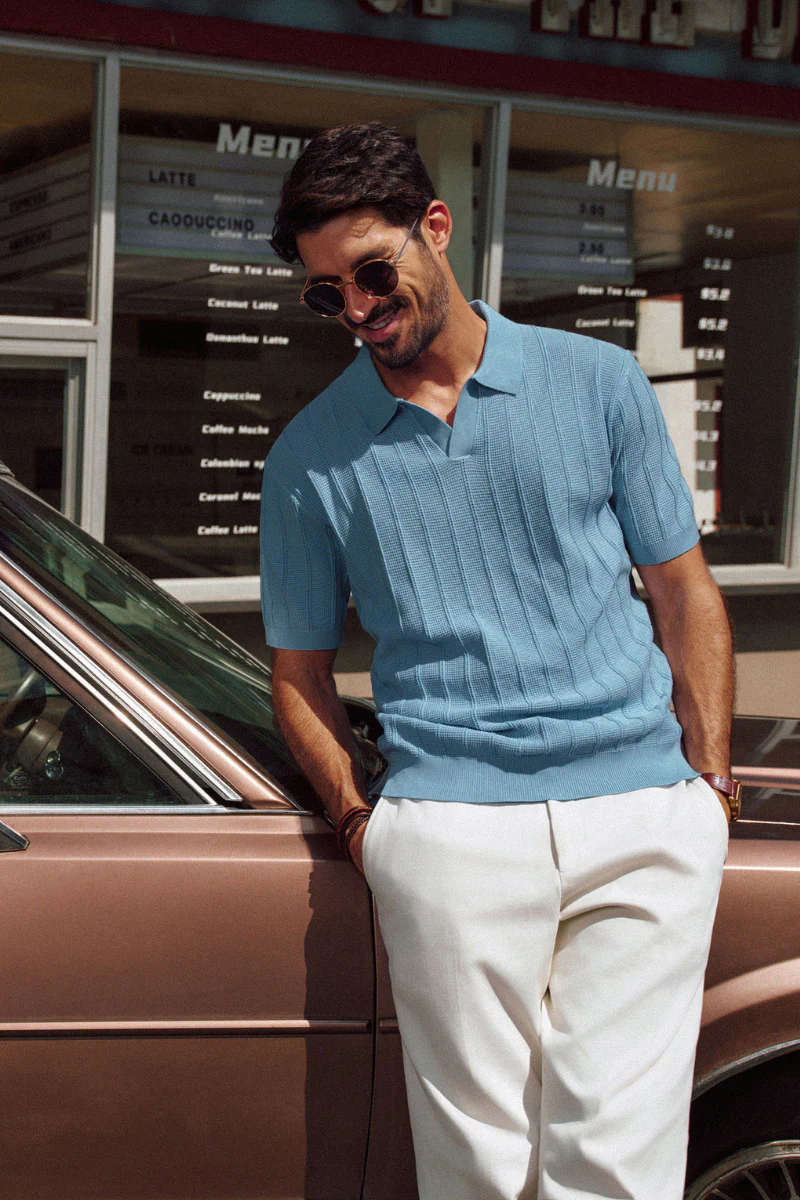 Men Textured Knitted Polo-Shirt Short Sleeve Lapel Collar V-Neck Knitwear - Image 41