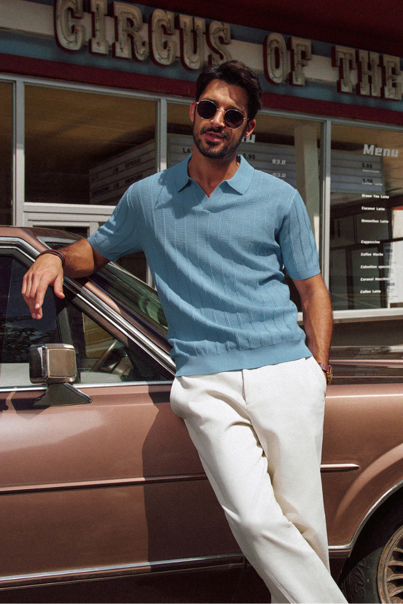 Men Textured Knitted Polo-Shirt Short Sleeve Lapel Collar V-Neck Knitwear - Image 42