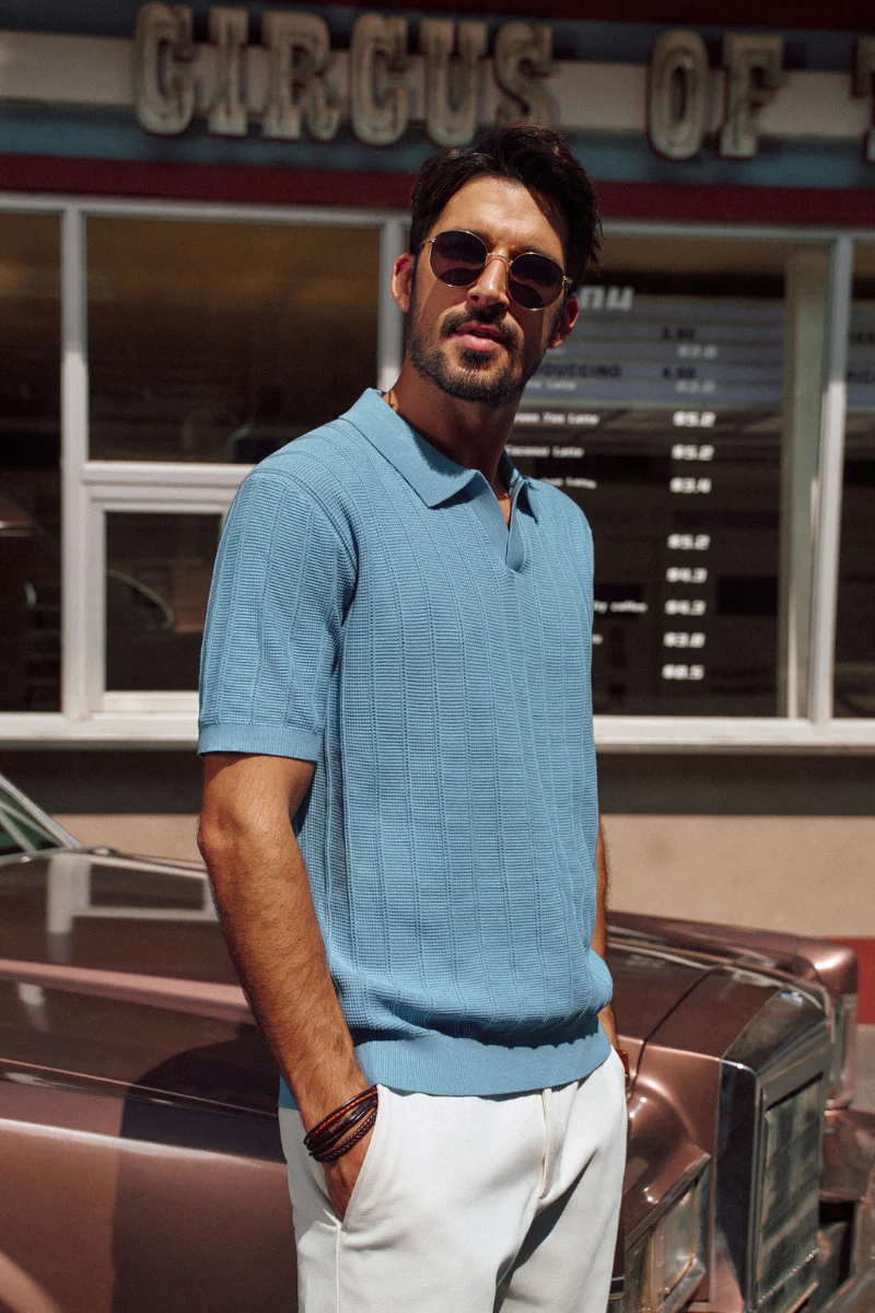 Men Textured Knitted Polo-Shirt Short Sleeve Lapel Collar V-Neck Knitwear - Image 43