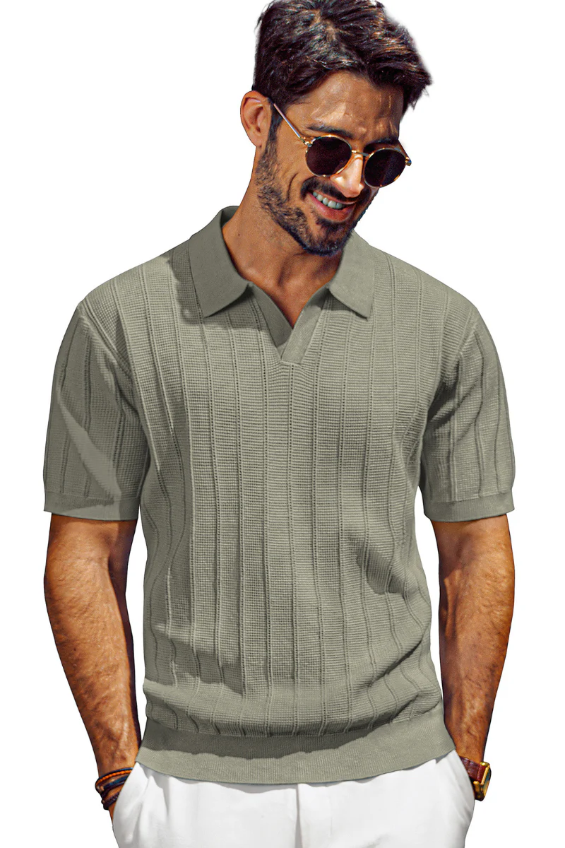 Men Textured Knitted Polo-Shirt Short Sleeve Lapel Collar V-Neck Knitwear - Image 44