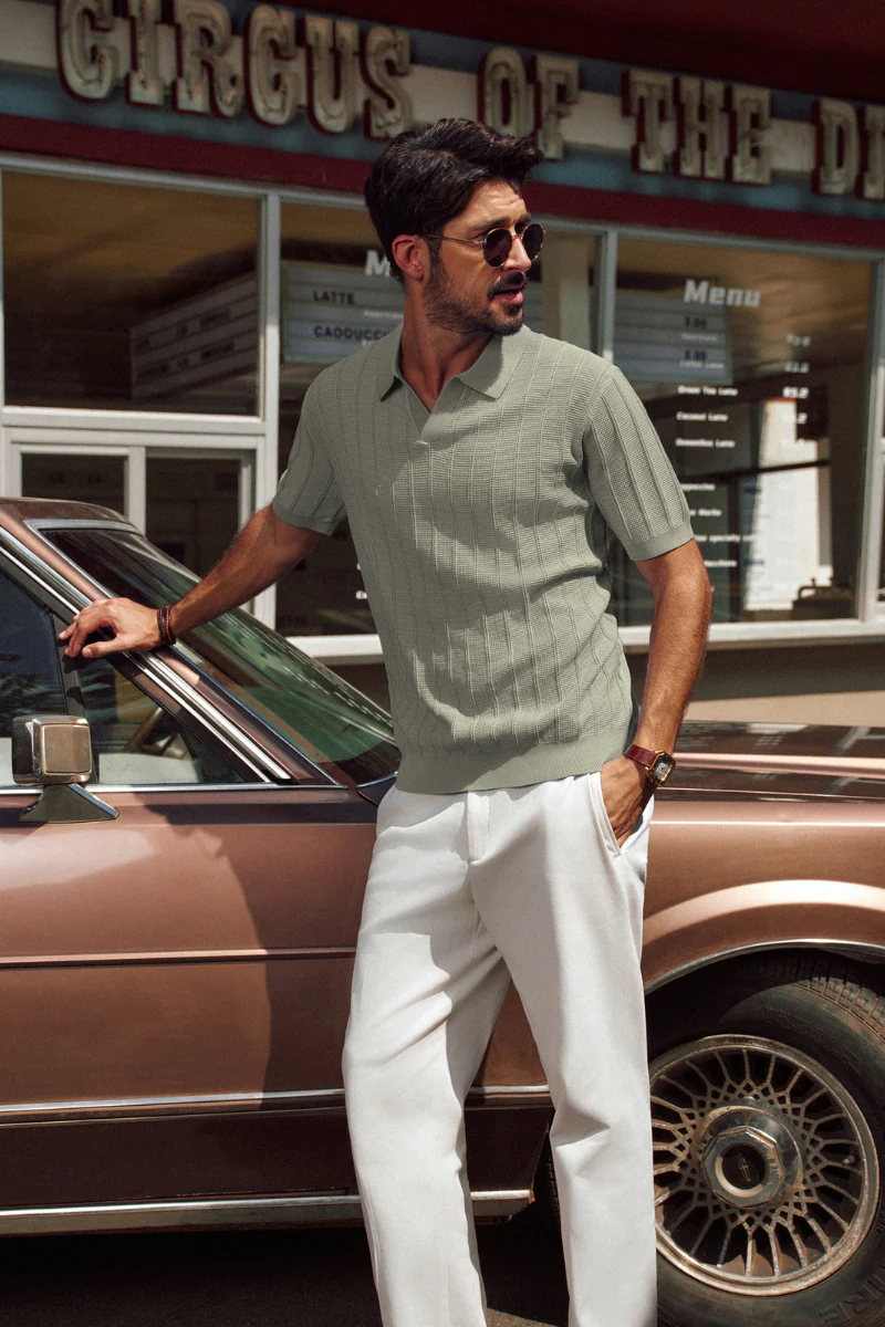 Men Textured Knitted Polo-Shirt Short Sleeve Lapel Collar V-Neck Knitwear - Image 45