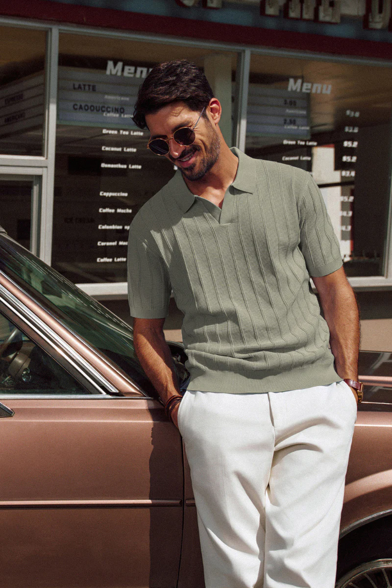 Men Textured Knitted Polo-Shirt Short Sleeve Lapel Collar V-Neck Knitwear - Image 46