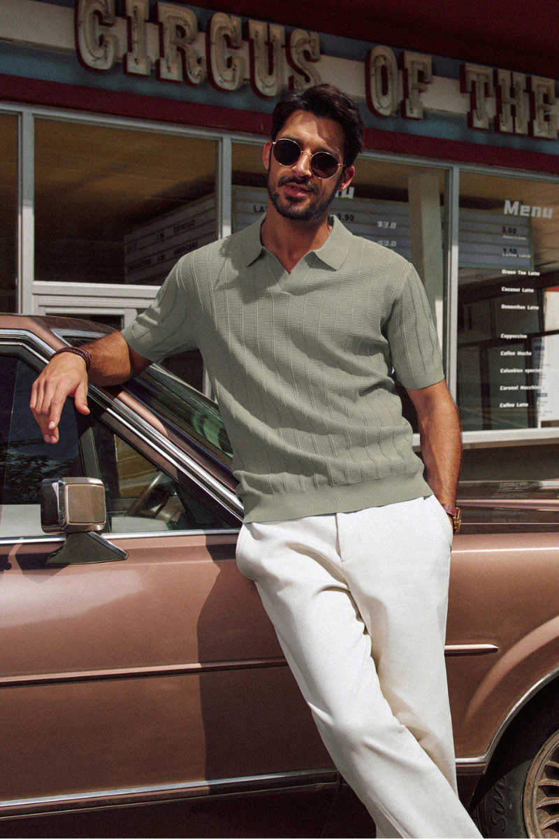 Men Textured Knitted Polo-Shirt Short Sleeve Lapel Collar V-Neck Knitwear - Image 47