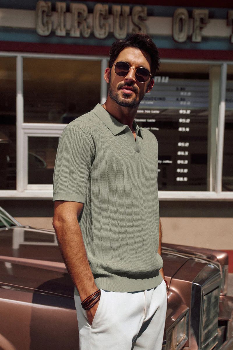 Men Textured Knitted Polo-Shirt Short Sleeve Lapel Collar V-Neck Knitwear - Image 48