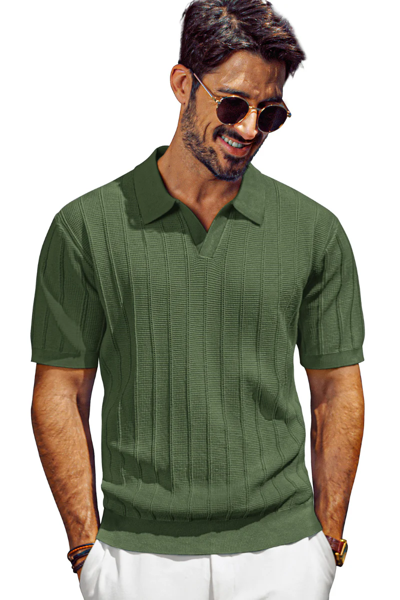 Men Textured Knitted Polo-Shirt Short Sleeve Lapel Collar V-Neck Knitwear - Image 49