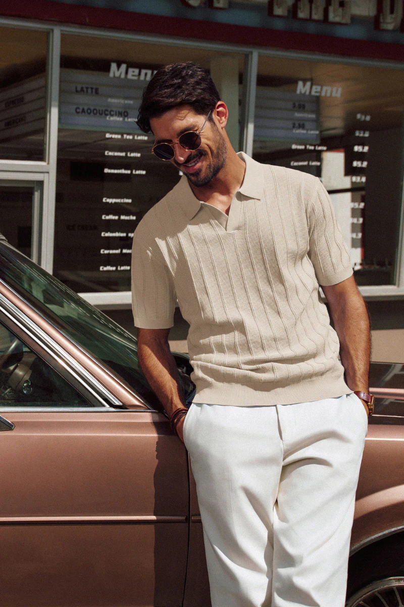Men Textured Knitted Polo-Shirt Short Sleeve Lapel Collar V-Neck Knitwear - Image 5