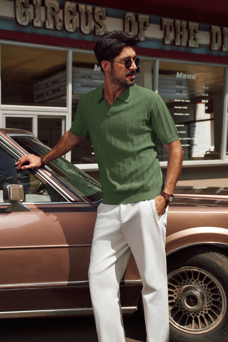 Men Textured Knitted Polo-Shirt Short Sleeve Lapel Collar V-Neck Knitwear - Image 50