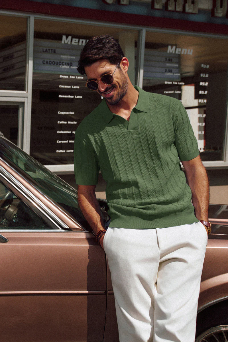 Men Textured Knitted Polo-Shirt Short Sleeve Lapel Collar V-Neck Knitwear - Image 51