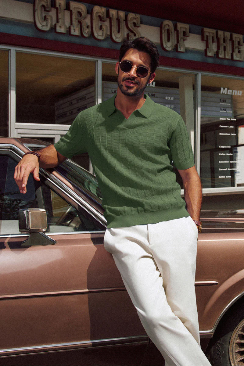 Men Textured Knitted Polo-Shirt Short Sleeve Lapel Collar V-Neck Knitwear - Image 52
