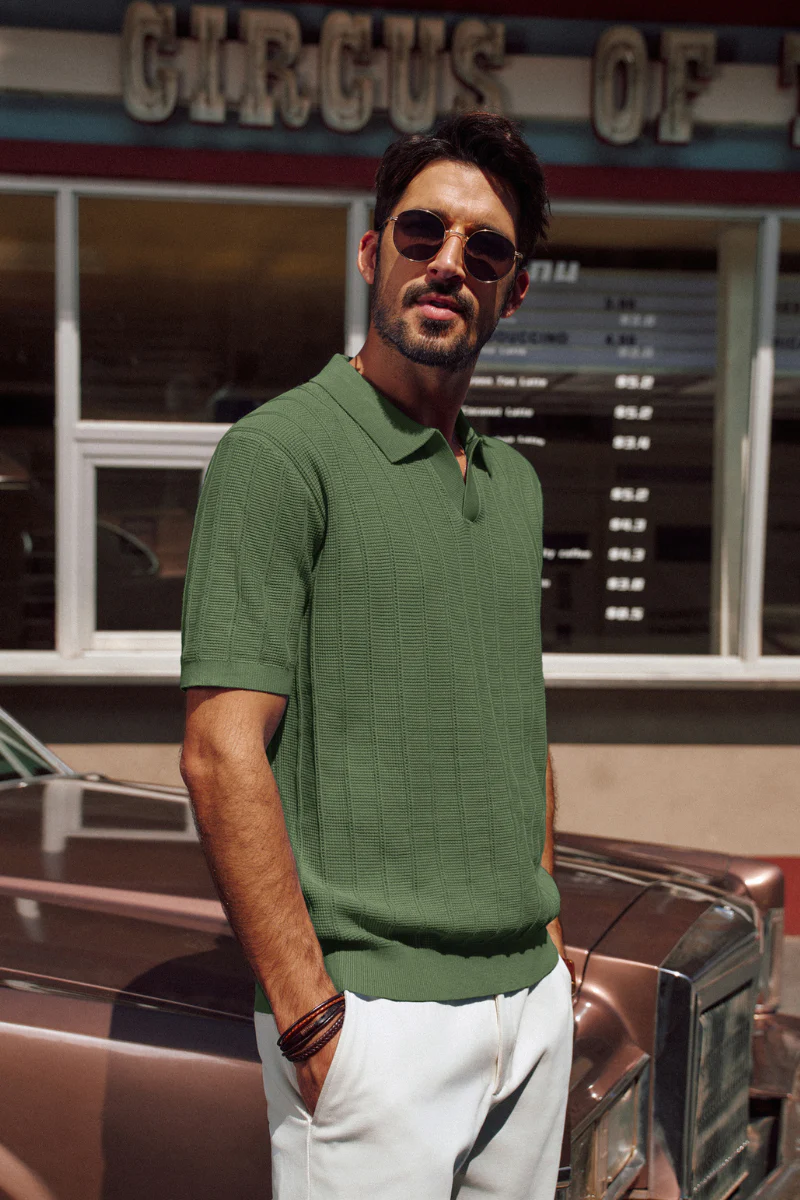 Men Textured Knitted Polo-Shirt Short Sleeve Lapel Collar V-Neck Knitwear - Image 53
