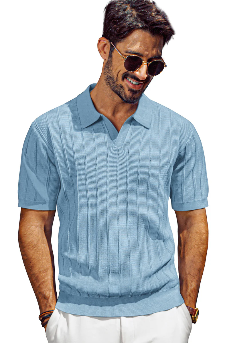 Men Textured Knitted Polo-Shirt Short Sleeve Lapel Collar V-Neck Knitwear - Image 54