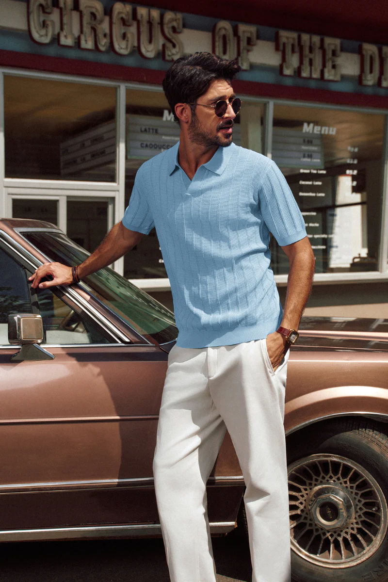 Men Textured Knitted Polo-Shirt Short Sleeve Lapel Collar V-Neck Knitwear - Image 55