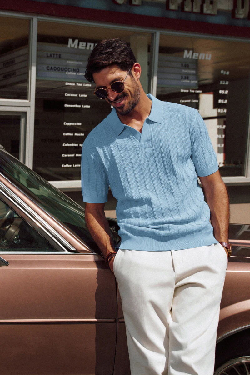 Men Textured Knitted Polo-Shirt Short Sleeve Lapel Collar V-Neck Knitwear - Image 56