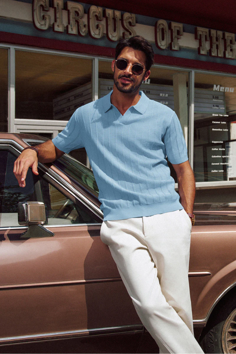 Men Textured Knitted Polo-Shirt Short Sleeve Lapel Collar V-Neck Knitwear - Image 57