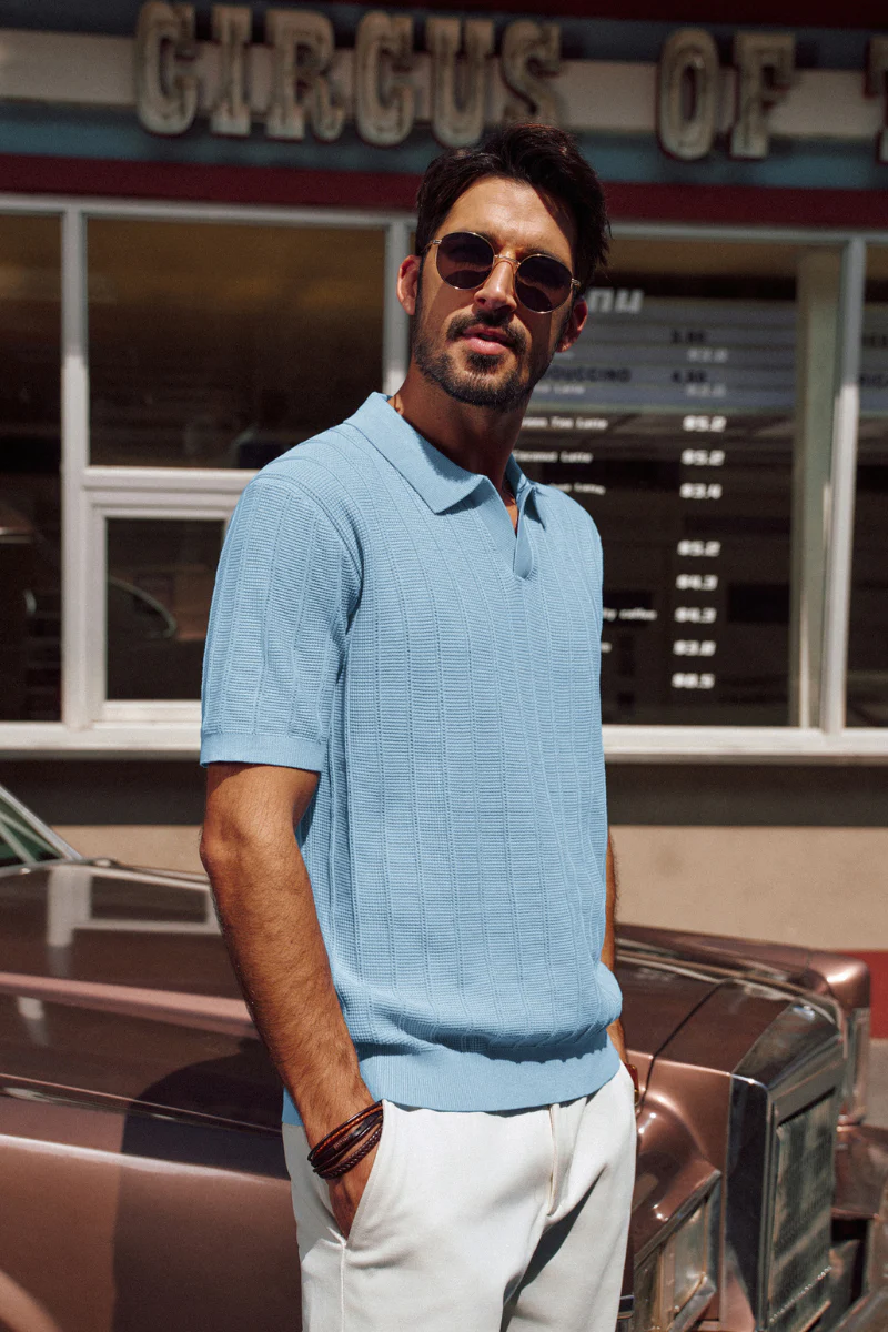 Men Textured Knitted Polo-Shirt Short Sleeve Lapel Collar V-Neck Knitwear - Image 58