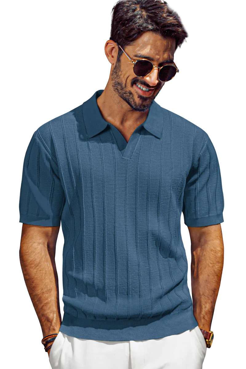 Men Textured Knitted Polo-Shirt Short Sleeve Lapel Collar V-Neck Knitwear - Image 59