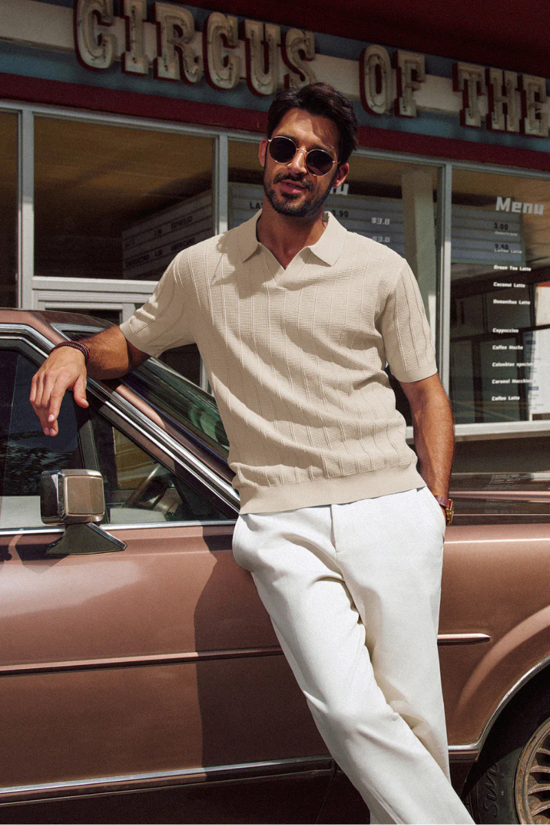 Men Textured Knitted Polo-Shirt Short Sleeve Lapel Collar V-Neck Knitwear - Image 6