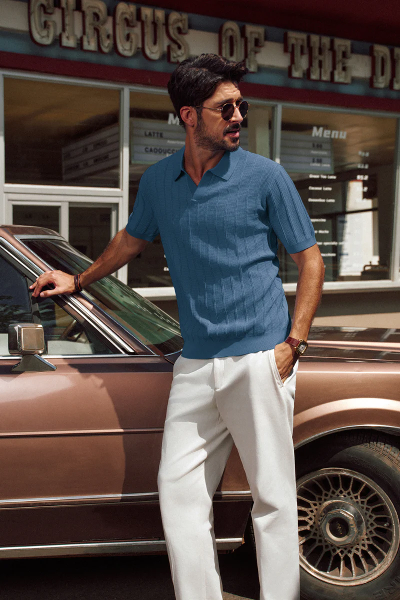 Men Textured Knitted Polo-Shirt Short Sleeve Lapel Collar V-Neck Knitwear - Image 60