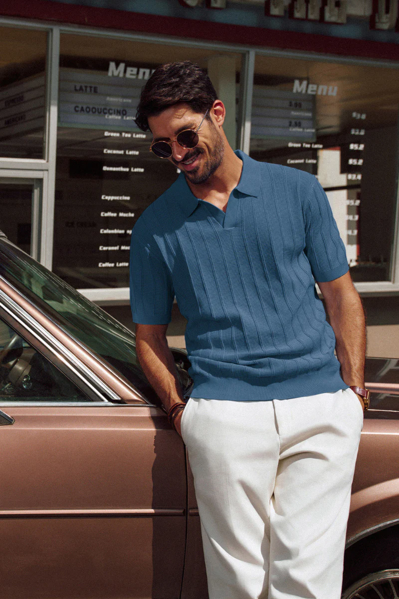 Men Textured Knitted Polo-Shirt Short Sleeve Lapel Collar V-Neck Knitwear - Image 61