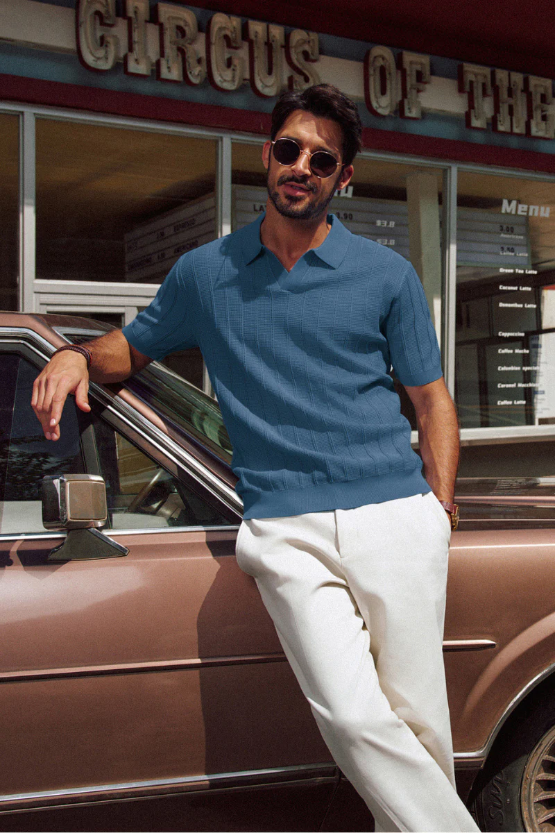 Men Textured Knitted Polo-Shirt Short Sleeve Lapel Collar V-Neck Knitwear - Image 62