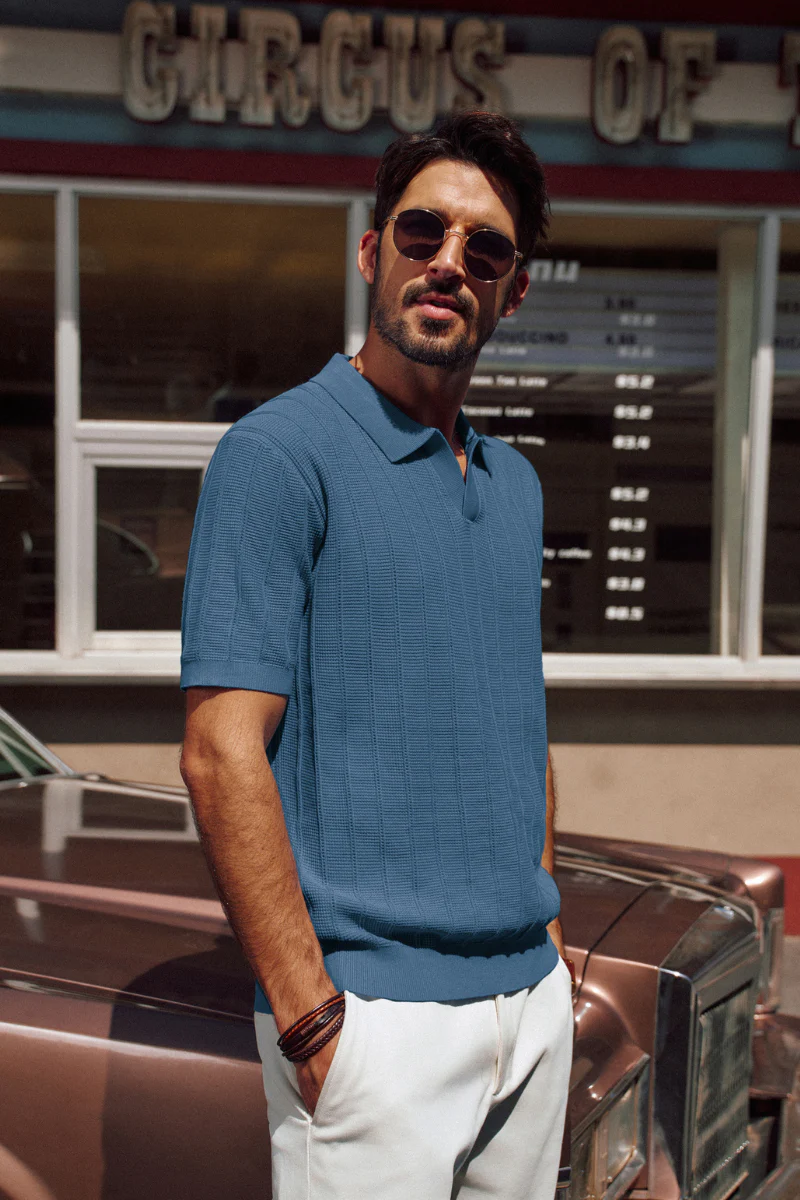Men Textured Knitted Polo-Shirt Short Sleeve Lapel Collar V-Neck Knitwear - Image 63