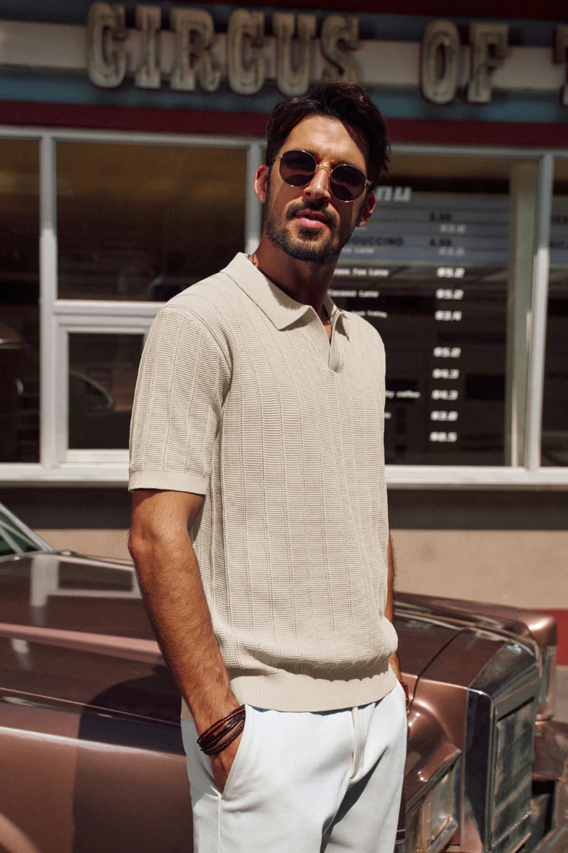 Men Textured Knitted Polo-Shirt Short Sleeve Lapel Collar V-Neck Knitwear - Image 7