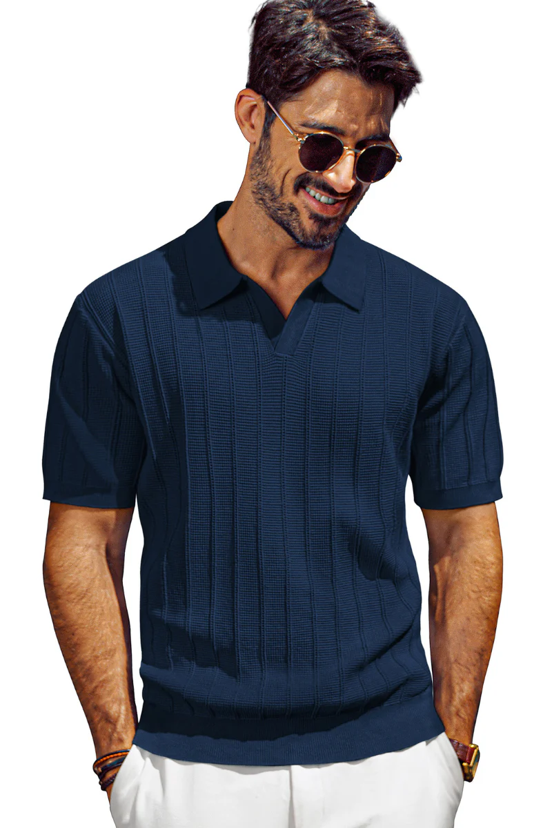 Men Textured Knitted Polo-Shirt Short Sleeve Lapel Collar V-Neck Knitwear - Image 8
