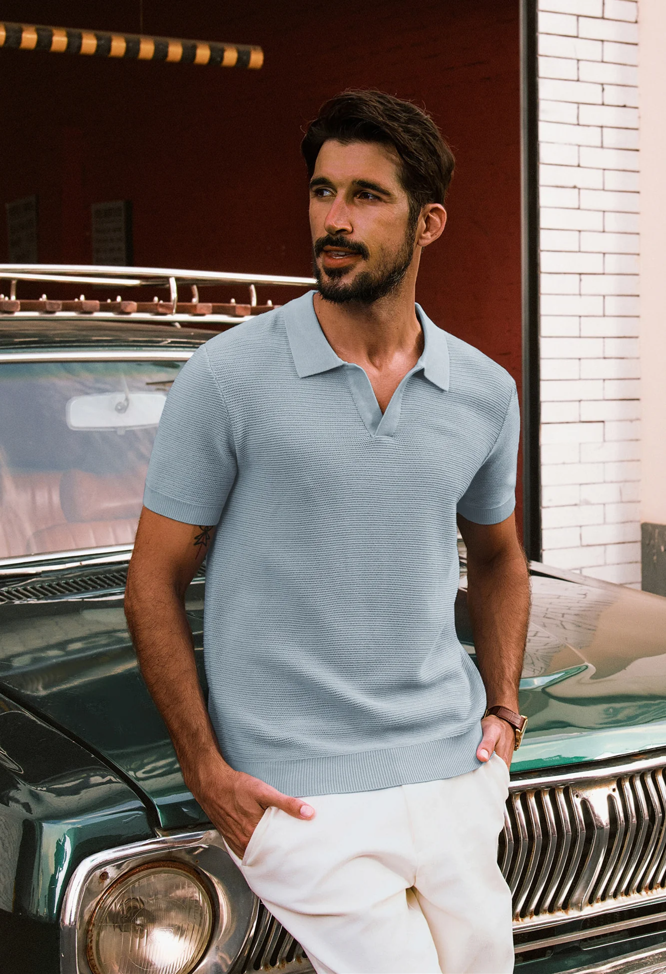 Men Textured Knitted Polo-Shirt Short Sleeve Lapel Collar V-Neck Tops - Image 35