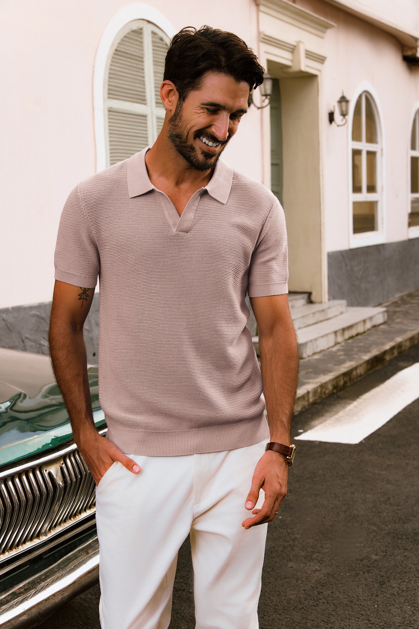 Men Textured Knitted Polo-Shirt Short Sleeve Lapel Collar V-Neck Tops - Image 41