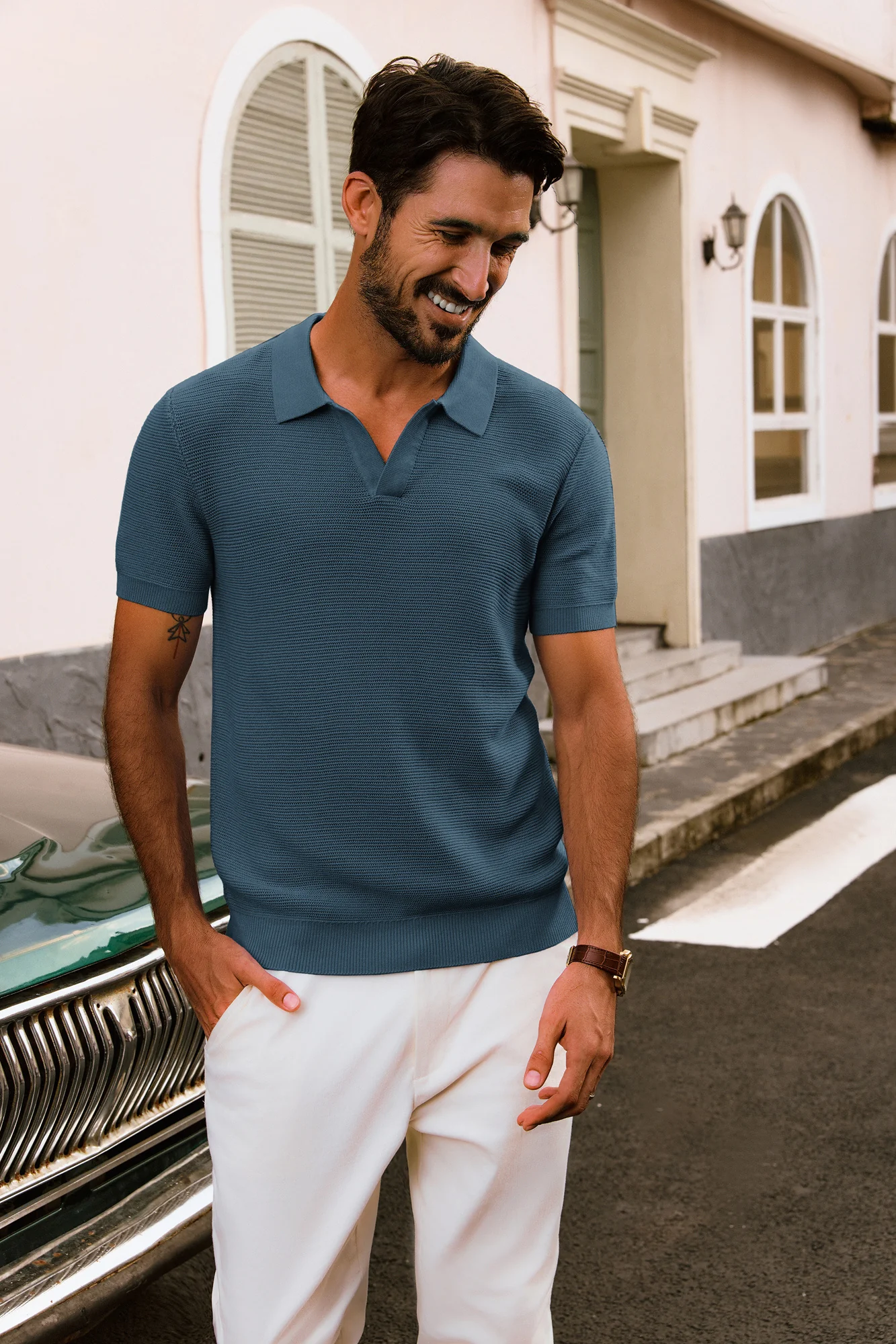 Men Textured Knitted Polo-Shirt Short Sleeve Lapel Collar V-Neck Tops - Image 45