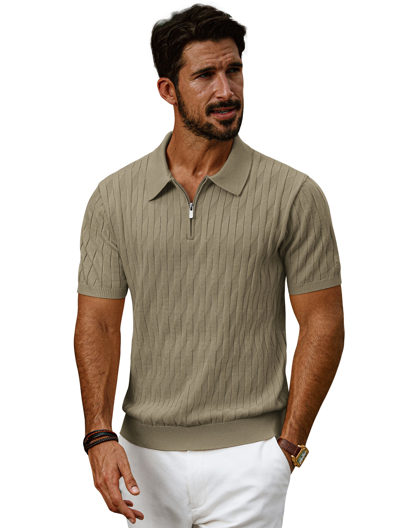 Men Textured Knitted Polo-Shirt Short Sleeve Lapel Collar Zip-up Neck Tops - Image 18