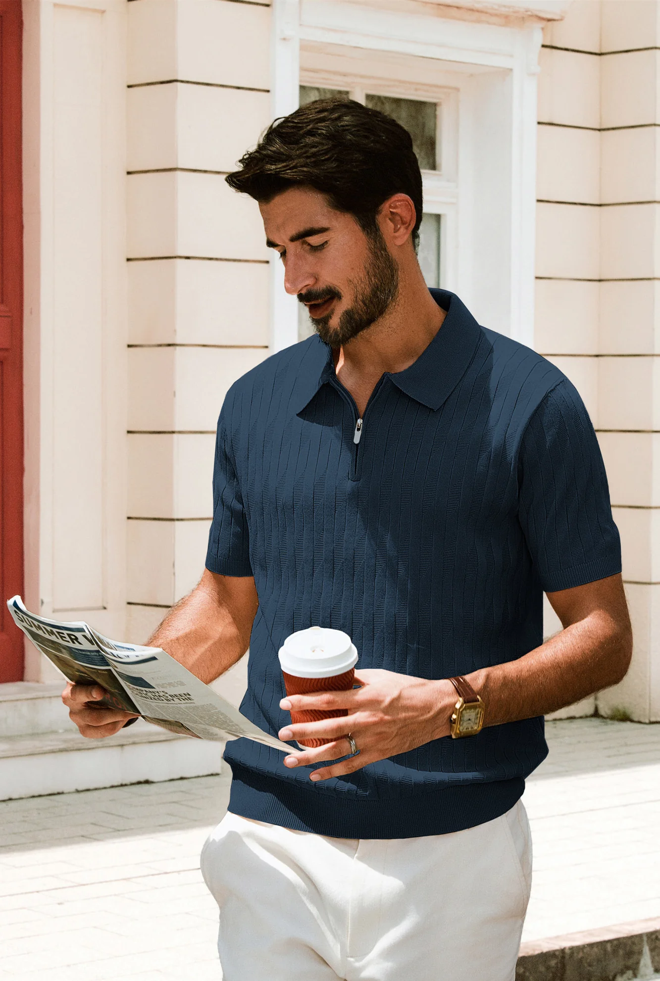 Men Textured Knitted Polo-Shirt Short Sleeve Lapel Collar Zip-up Neck Tops - Image 20
