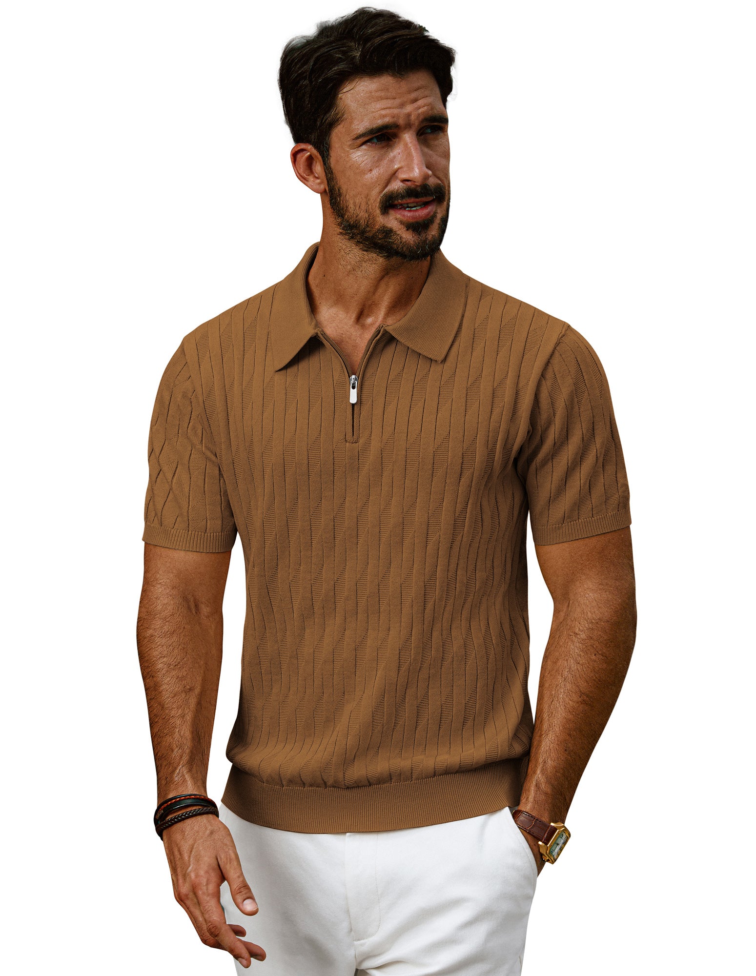 Men Textured Knitted Polo-Shirt Short Sleeve Lapel Collar Zip-up Neck Tops - Image 33