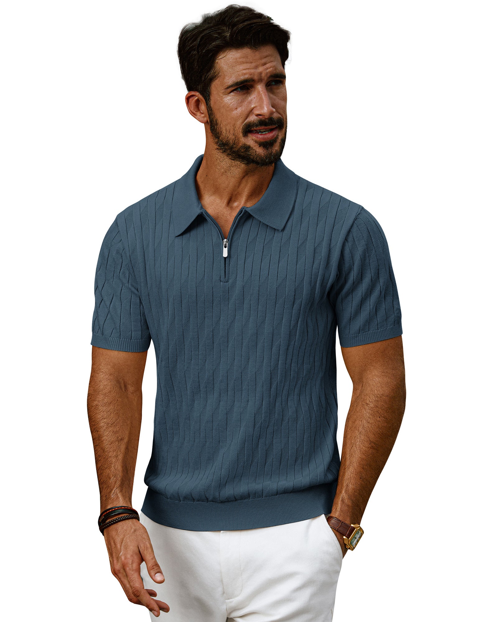 Men Textured Knitted Polo-Shirt Short Sleeve Lapel Collar Zip-up Neck Tops - Image 47