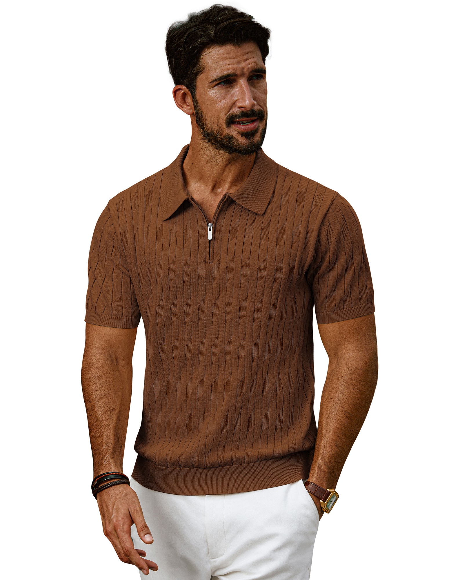 Men Textured Knitted Polo-Shirt Short Sleeve Lapel Collar Zip-up Neck Tops - Image 51