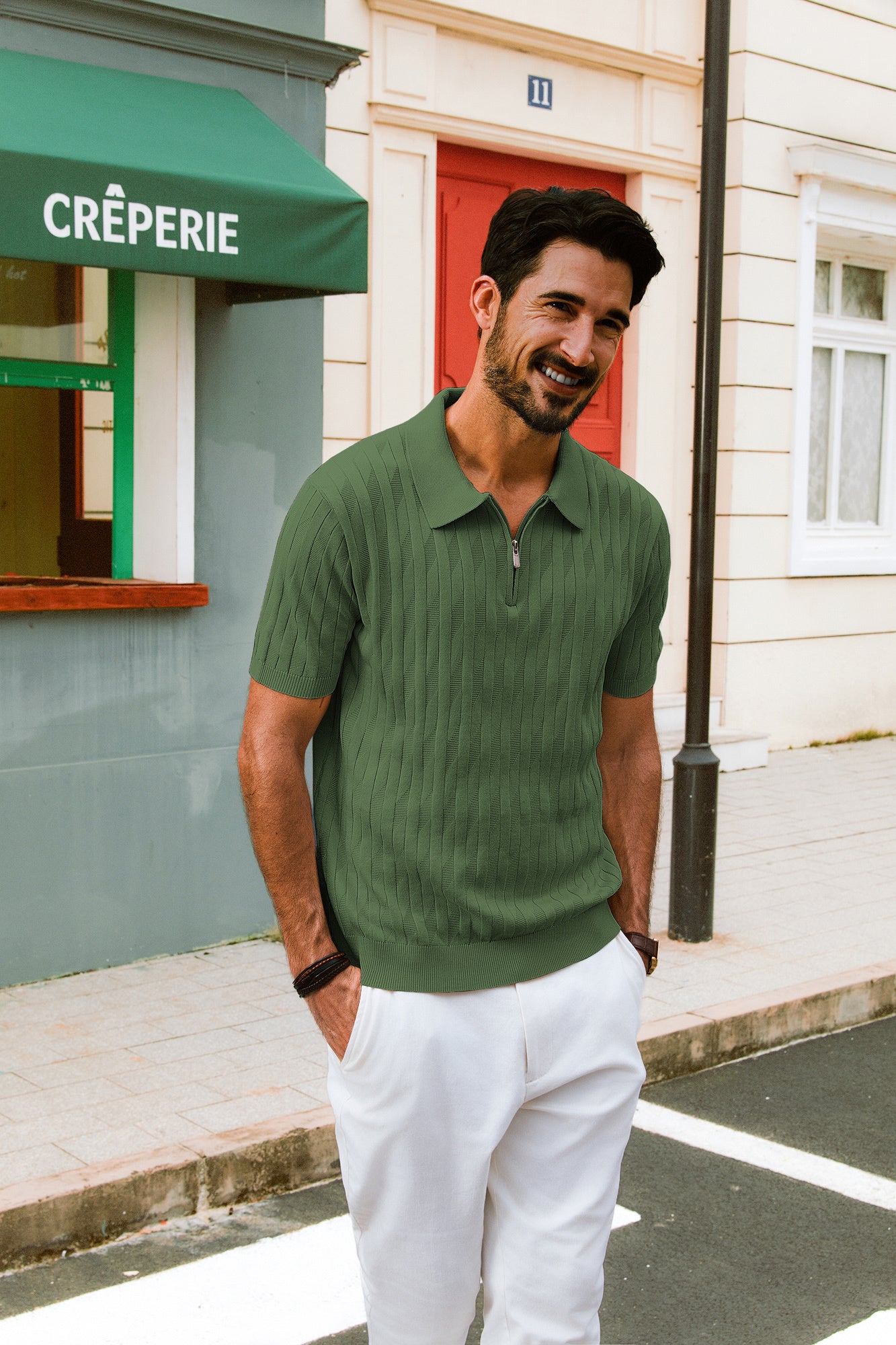 Men Textured Knitted Polo-Shirt Short Sleeve Lapel Collar Zip-up Neck Tops - Image 52