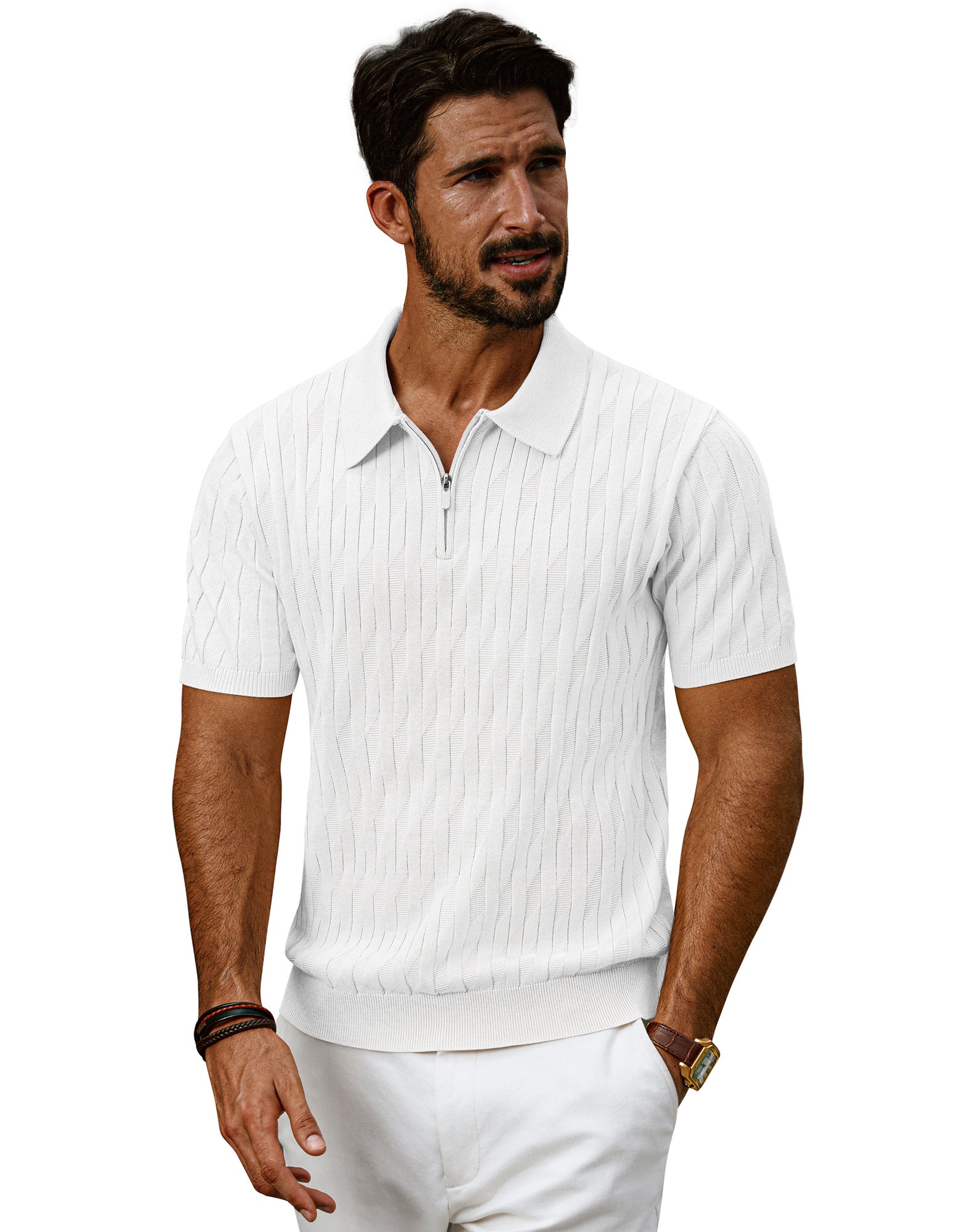 Men Textured Knitted Polo-Shirt Short Sleeve Lapel Collar Zip-up Neck Tops - Image 6