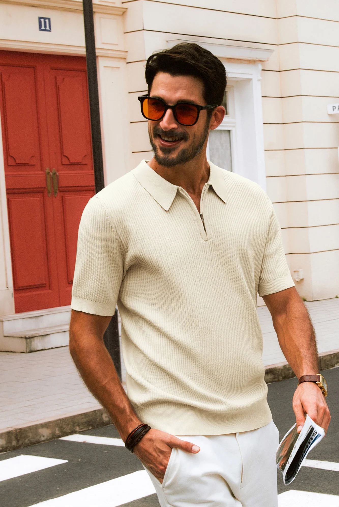Men Textured Knitted Polo-Shirt Short Sleeve Lapel Collar Zip-up Neck Tops - Image 14
