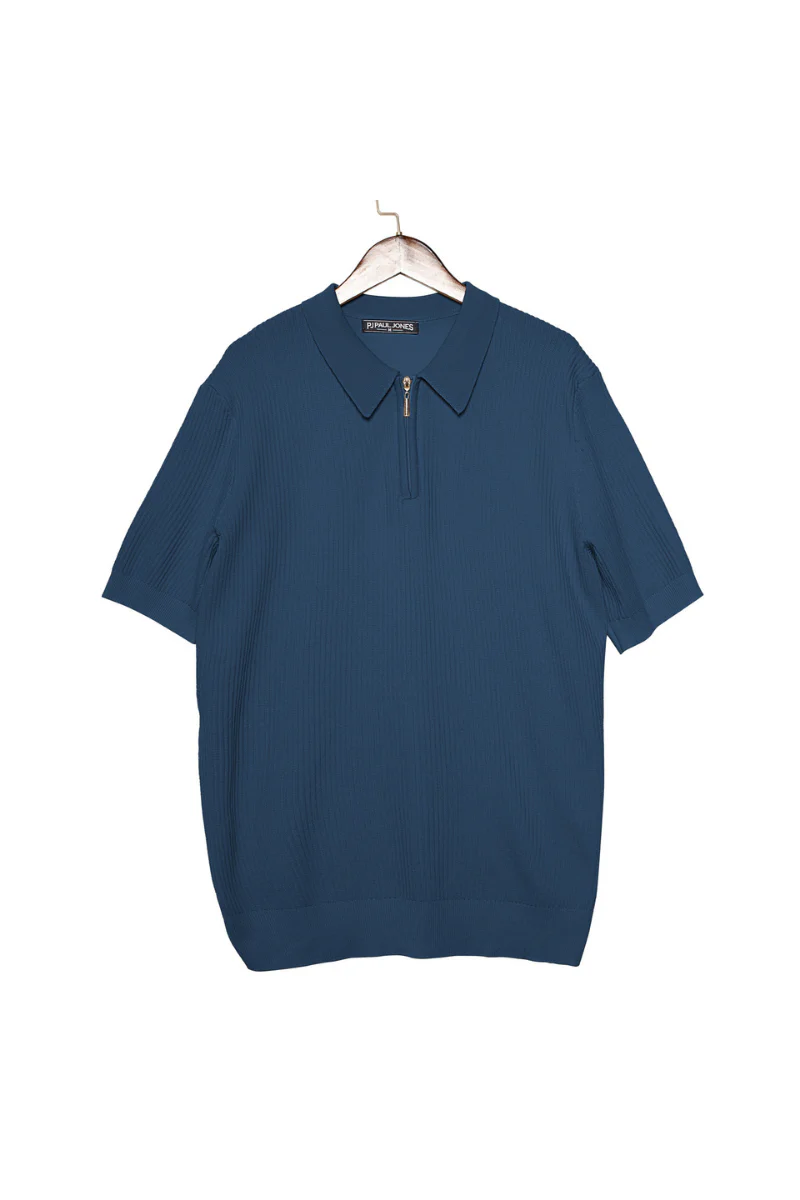Men Textured Knitted Polo-Shirt Short Sleeve Lapel Collar Zip-up Neck Tops - Image 16