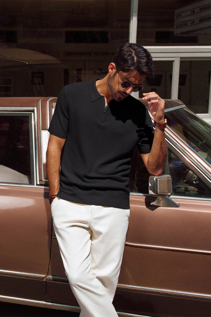 Men Textured Knitted Polo-Shirt Short Sleeve Lapel Collar Zip-up Neck Tops - Image 10