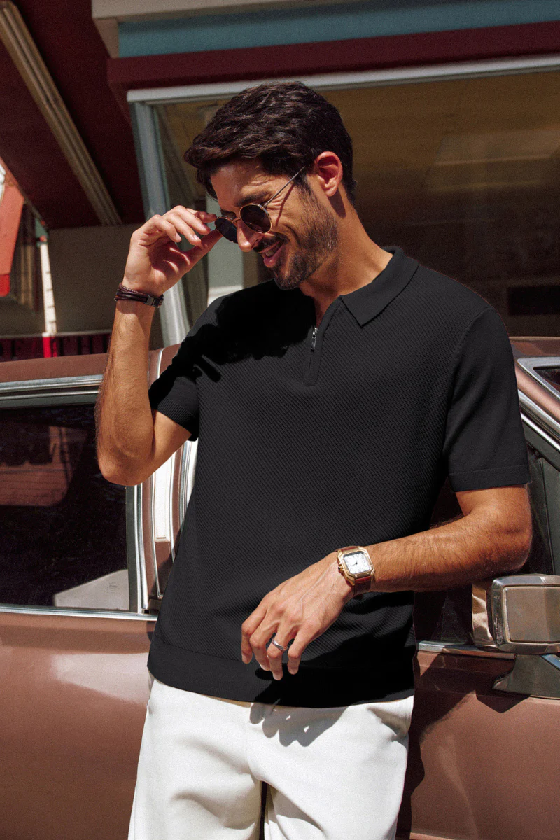 Men Textured Knitted Polo-Shirt Short Sleeve Lapel Collar Zip-up Neck Tops - Image 11