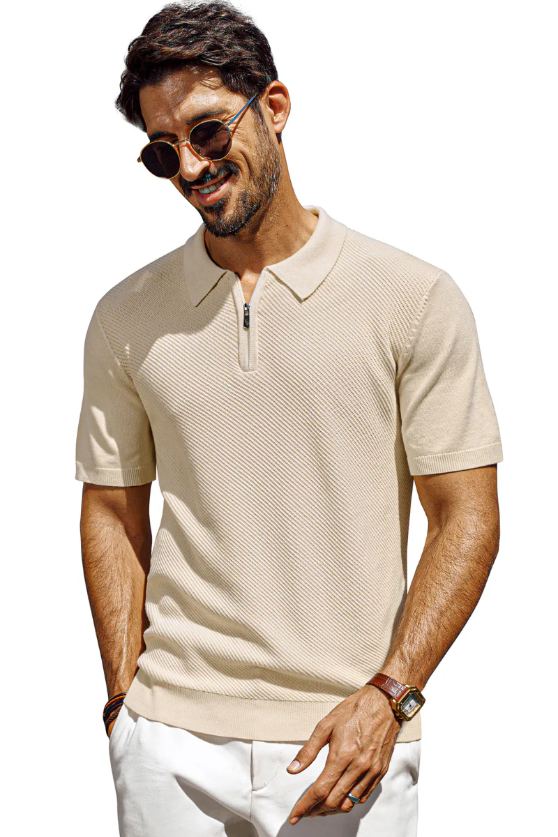Men Textured Knitted Polo-Shirt Short Sleeve Lapel Collar Zip-up Neck Tops - Image 13