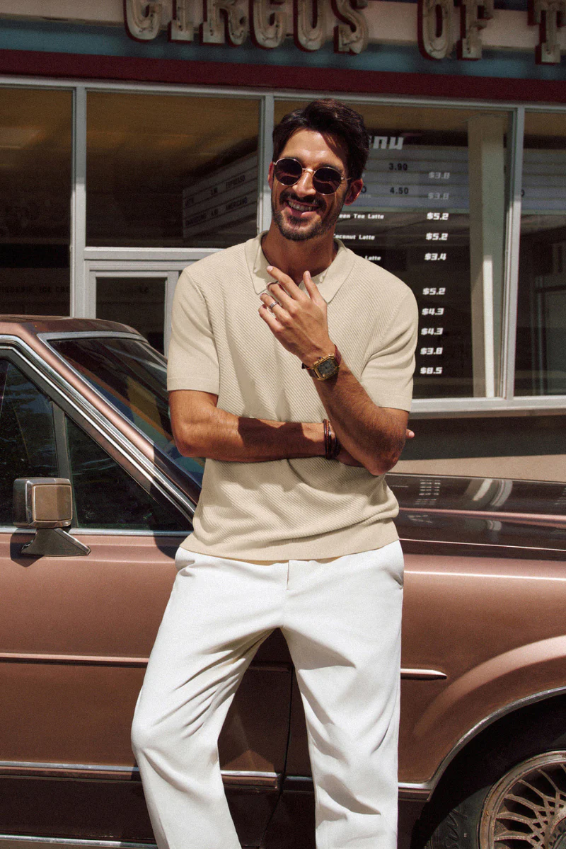 Men Textured Knitted Polo-Shirt Short Sleeve Lapel Collar Zip-up Neck Tops - Image 14